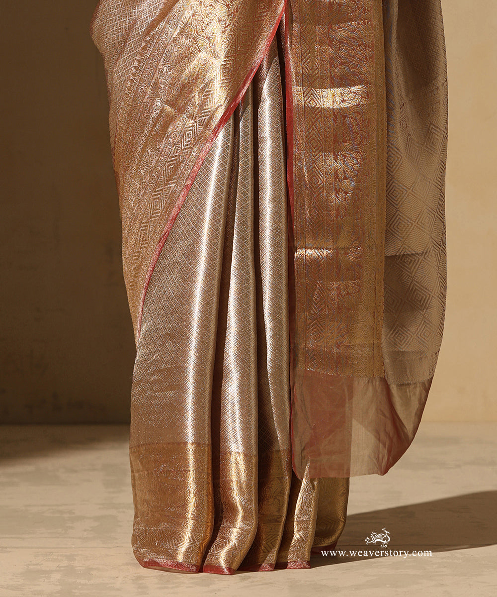 Soft Pink And Gold Handloom Pure Silk Tissue Tanchoi Banarasi Saree With Red Selvedge