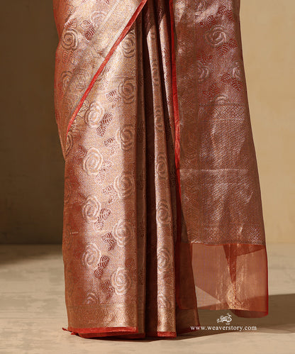 Rust Orange And Gold Handloom Pure Silk Tissue Tanchoi Banarasi Saree With Red Selvedge
