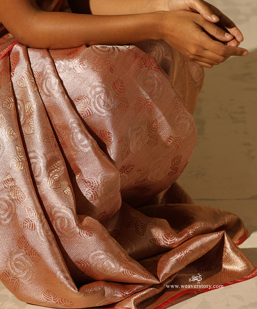 Rust Orange And Gold Handloom Pure Silk Tissue Tanchoi Banarasi Saree With Red Selvedge