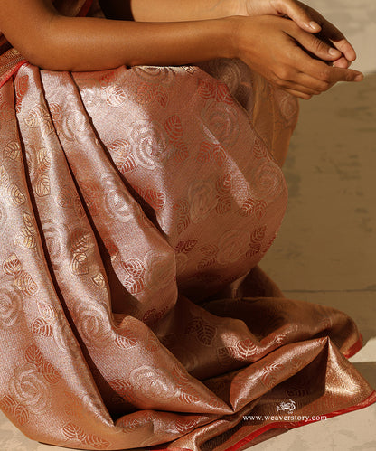 Rust Orange And Gold Handloom Pure Silk Tissue Tanchoi Banarasi Saree With Red Selvedge