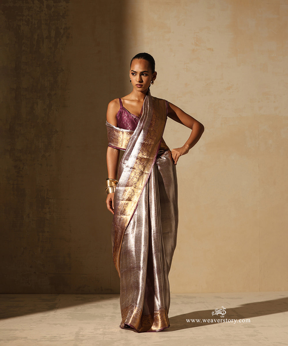 Mauve And Silver Handloom Pure Silk Tissue Tanchoi Banarasi Saree With Gold Zari Floral Border