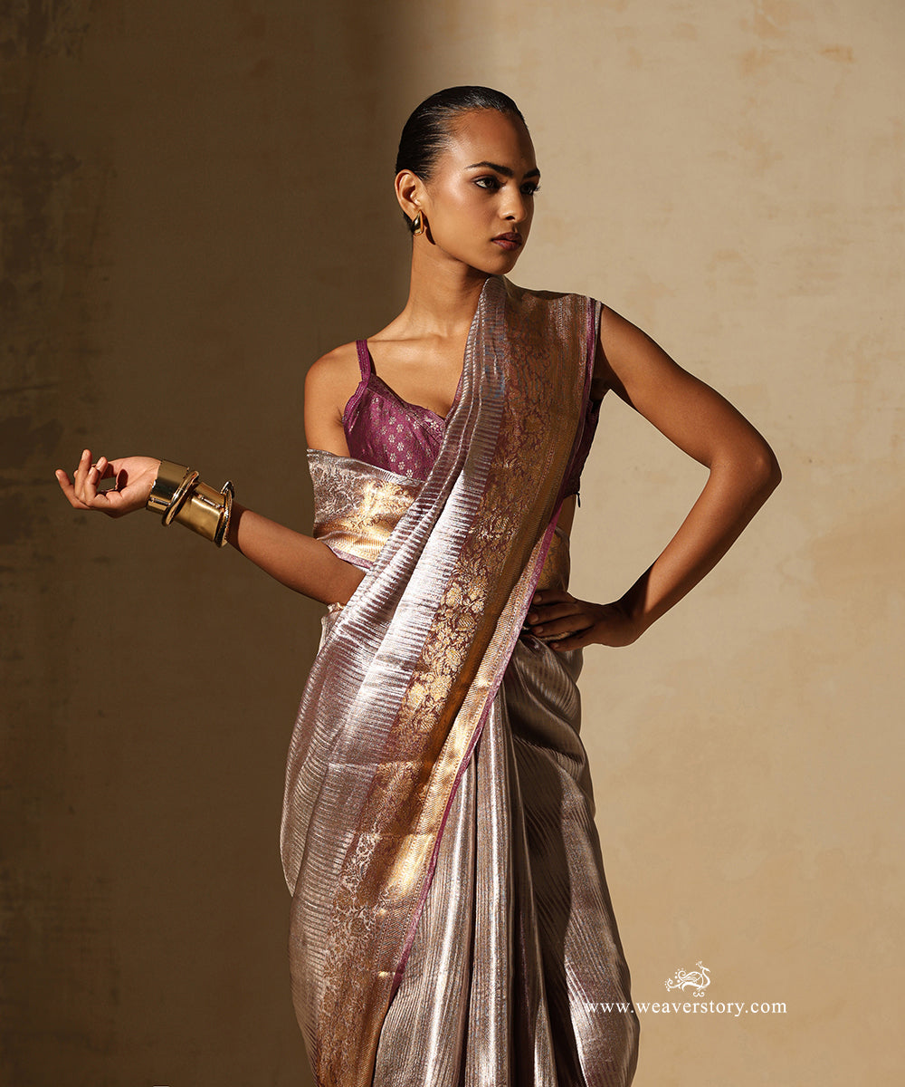 Mauve And Silver Handloom Pure Silk Tissue Tanchoi Banarasi Saree With Gold Zari Floral Border