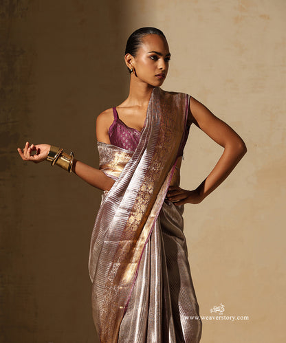 Mauve And Silver Handloom Pure Silk Tissue Tanchoi Banarasi Saree With Gold Zari Floral Border