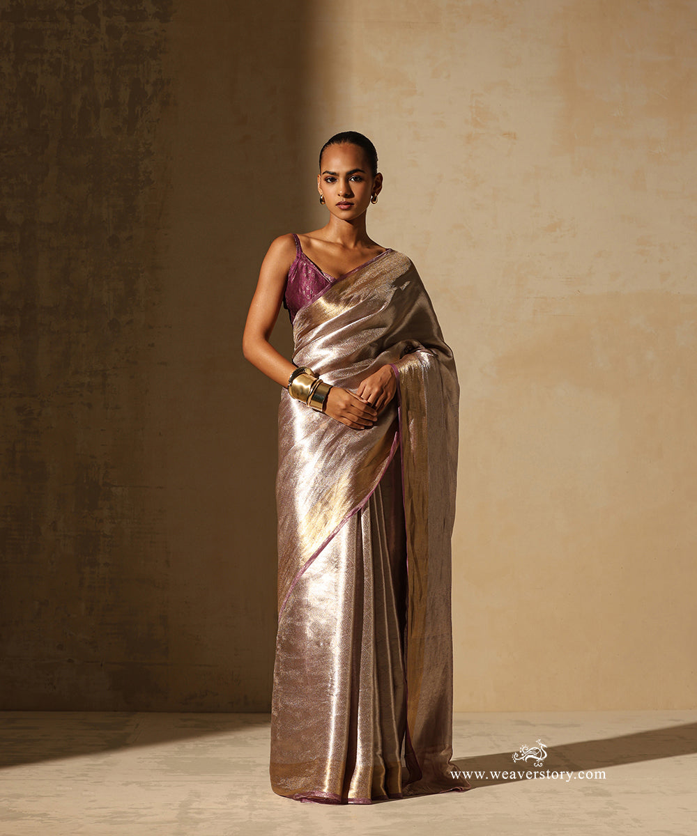 Mauve And Silver Handloom Pure Silk Tissue Tanchoi Banarasi Saree With Gold Zari Floral Border
