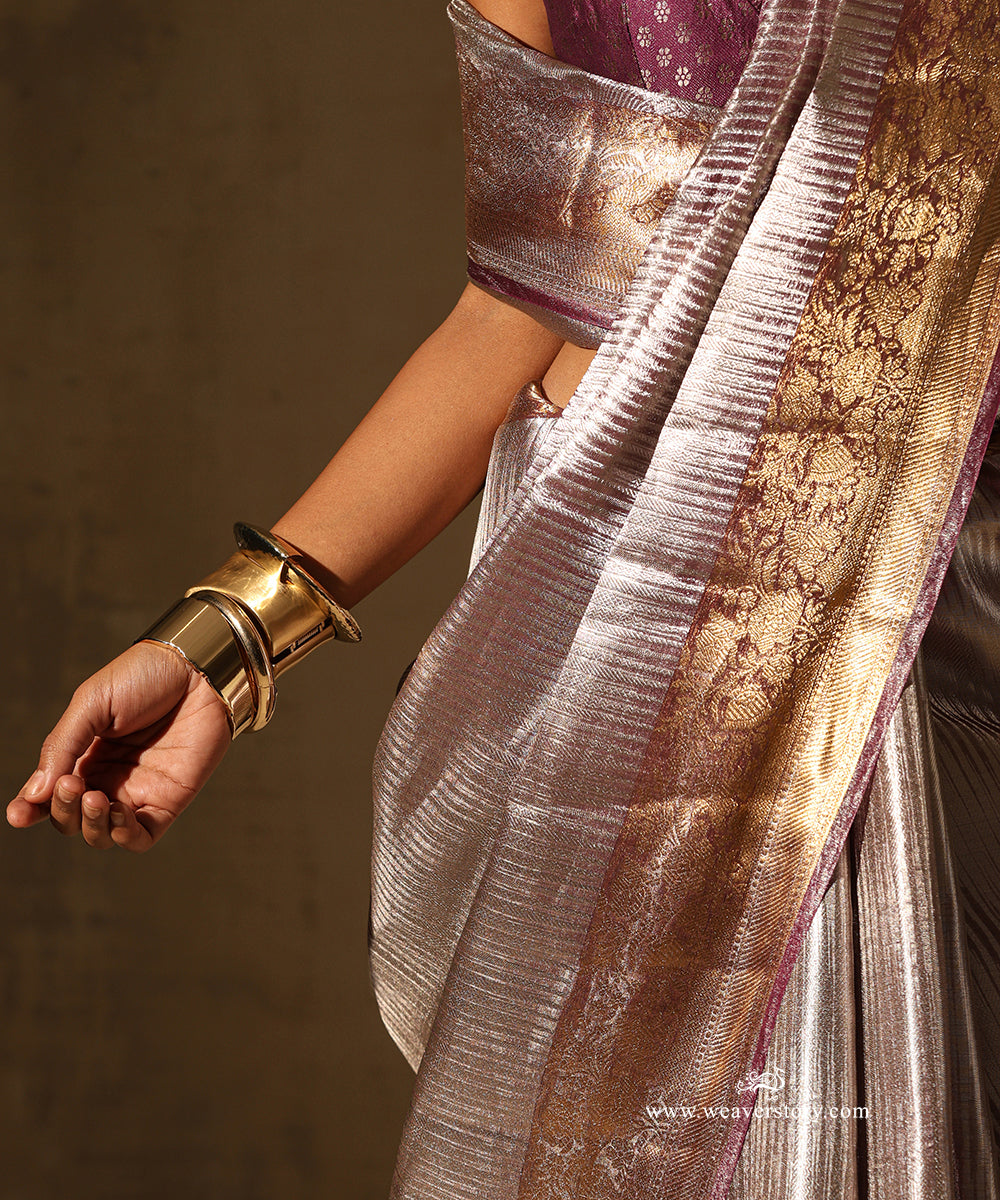Mauve And Silver Handloom Pure Silk Tissue Tanchoi Banarasi Saree With Gold Zari Floral Border