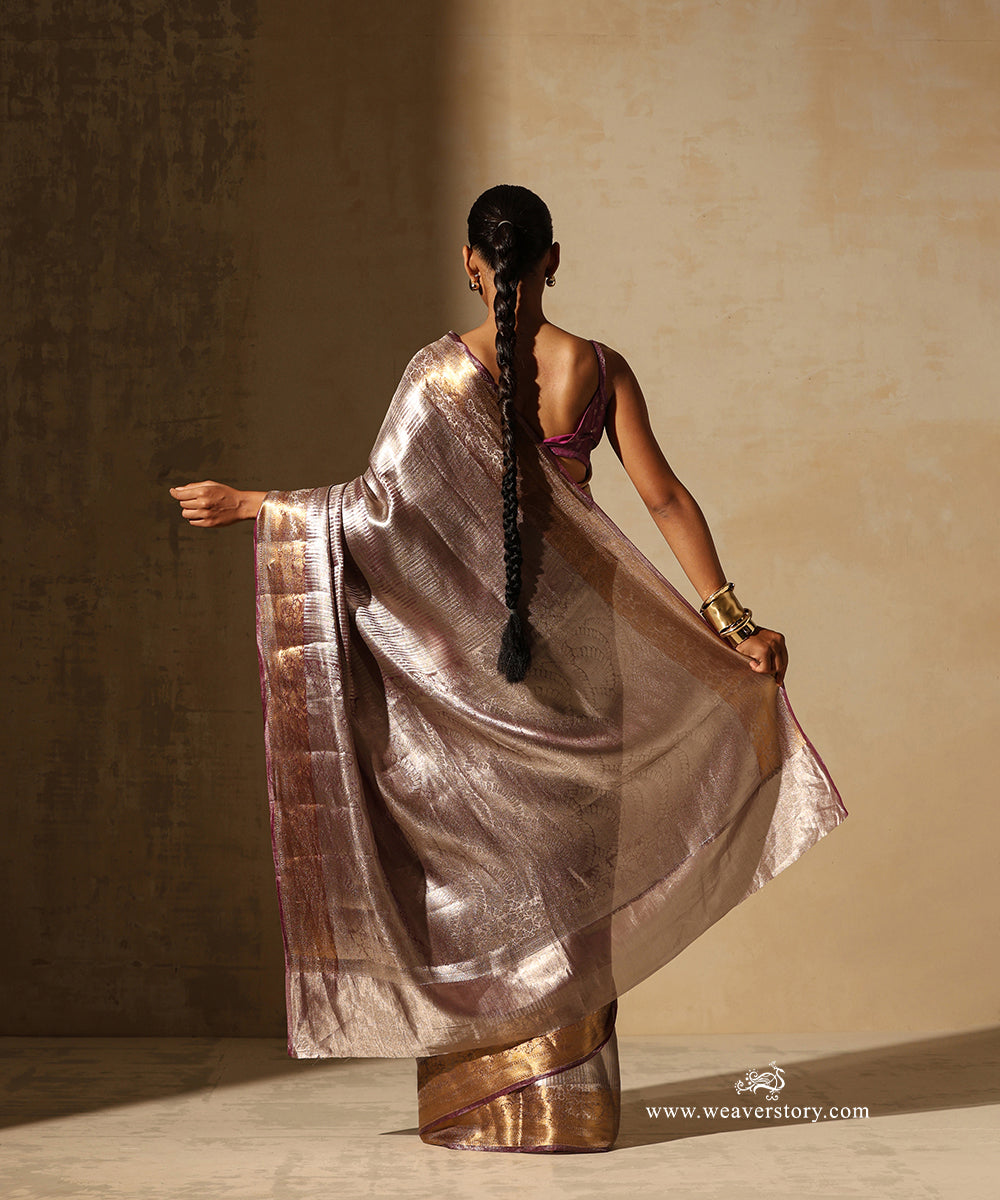 Mauve And Silver Handloom Pure Silk Tissue Tanchoi Banarasi Saree With Gold Zari Floral Border