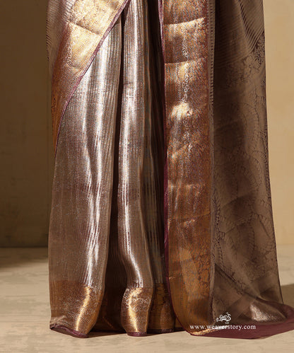 Mauve And Silver Handloom Pure Silk Tissue Tanchoi Banarasi Saree With Gold Zari Floral Border