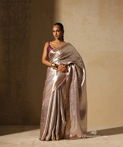 Soft Pink And Silver Handloom Pure Silk Tissue Tanchoi Banarasi Saree With Gold Zari Border