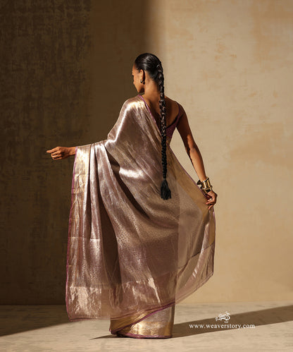 Soft Pink And Silver Handloom Pure Silk Tissue Tanchoi Banarasi Saree With Gold Zari Border