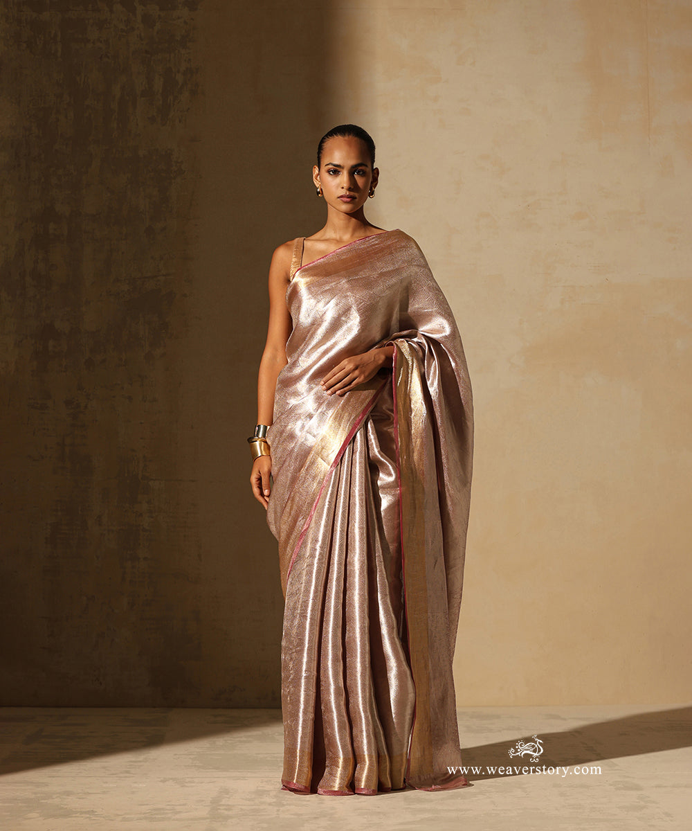 Soft Pink And Silver Handloom Pure Silk Tissue Tanchoi Banarasi Saree With Pink Selvedge