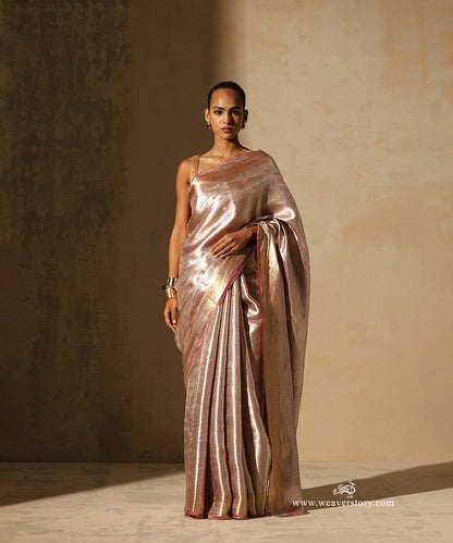 Soft Pink And Silver Handloom Pure Silk Tissue Tanchoi Banarasi Saree With Pink Selvedge