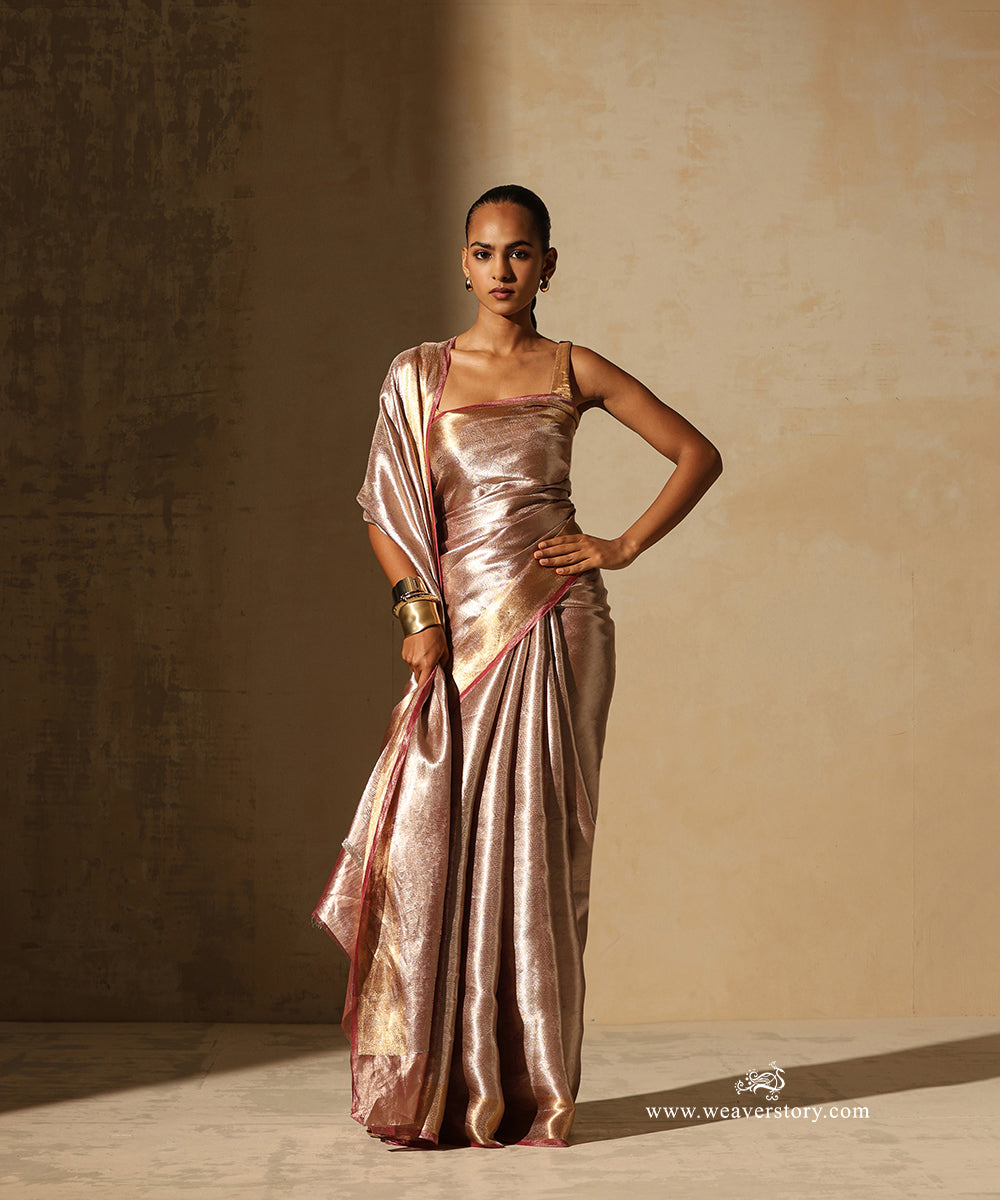 Soft Pink And Silver Handloom Pure Silk Tissue Tanchoi Banarasi Saree With Pink Selvedge