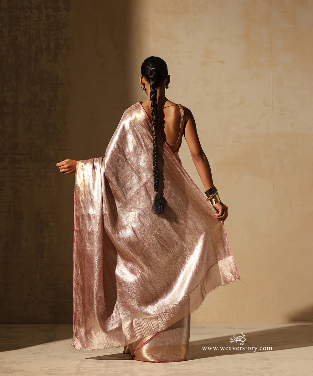 Soft Pink And Silver Handloom Pure Silk Tissue Tanchoi Banarasi Saree With Pink Selvedge