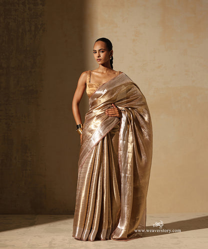 Gold Handloom Pure Silk Tissue Tanchoi Banarasi Saree With Peach Selvedge
