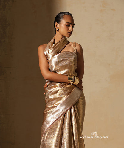 Gold Handloom Pure Silk Tissue Tanchoi Banarasi Saree With Peach Selvedge