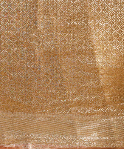 Gold Handloom Pure Silk Tissue Tanchoi Banarasi Saree With Peach Selvedge