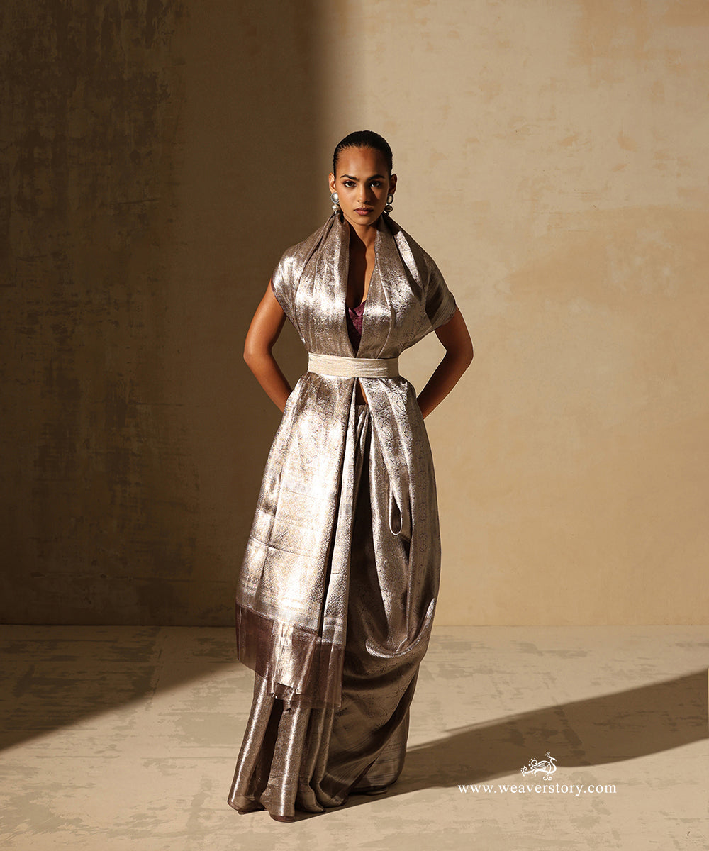 Silver Handloom Pure Silk Tissue Tanchoi Banarasi Saree With Plum Selvedge