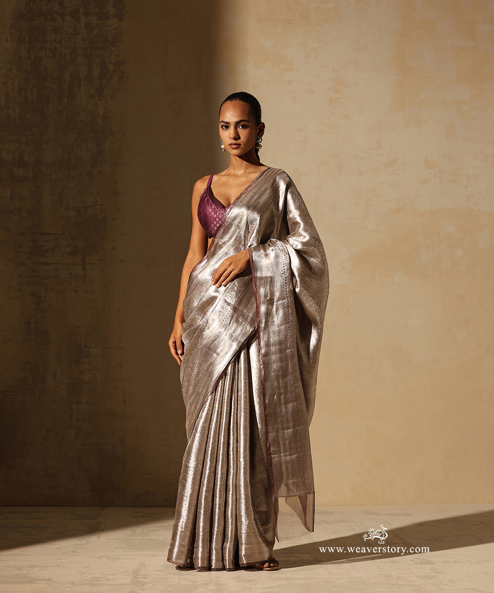 Silver Handloom Pure Silk Tissue Tanchoi Banarasi Saree With Plum Selvedge