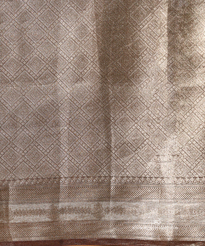 Silver Handloom Pure Silk Tissue Tanchoi Banarasi Saree With Plum Selvedge