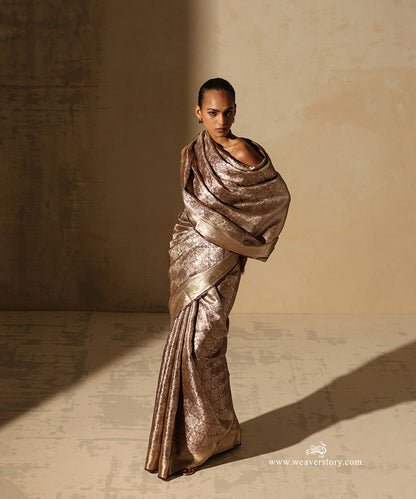 Gold Handloom Pure Silk Tissue Tanchoi Banarasi Saree With Brown Selvedge