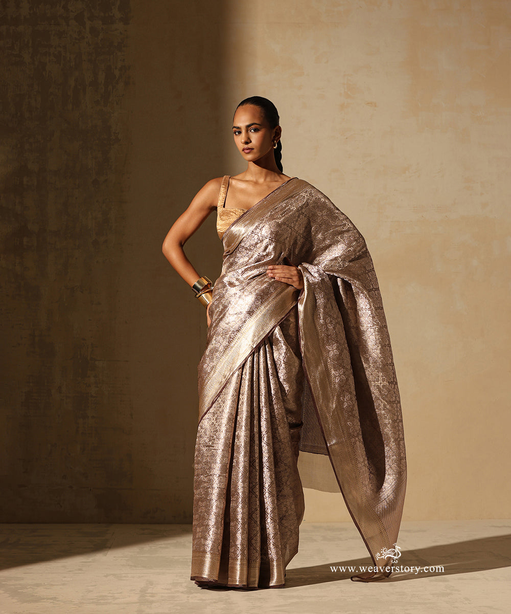 Gold Handloom Pure Silk Tissue Tanchoi Banarasi Saree With Brown Selvedge