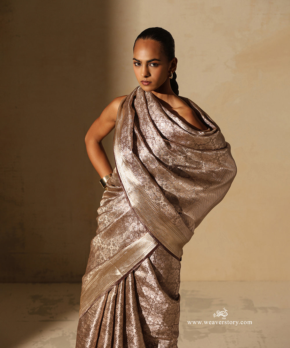 Gold Handloom Pure Silk Tissue Tanchoi Banarasi Saree With Brown Selvedge