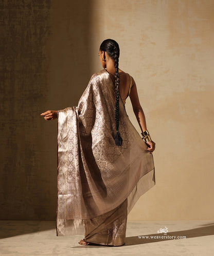 Gold Handloom Pure Silk Tissue Tanchoi Banarasi Saree With Brown Selvedge