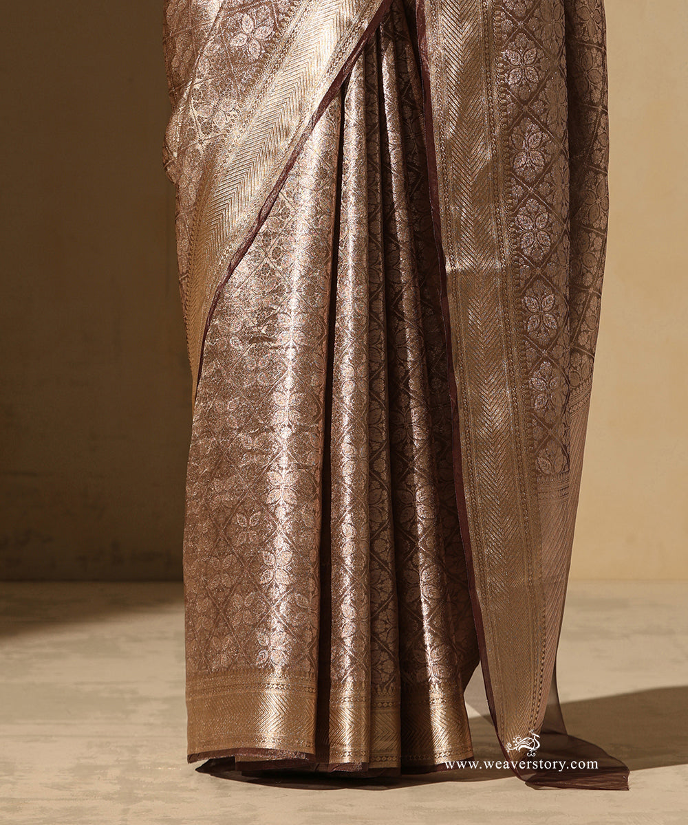 Gold Handloom Pure Silk Tissue Tanchoi Banarasi Saree With Brown Selvedge