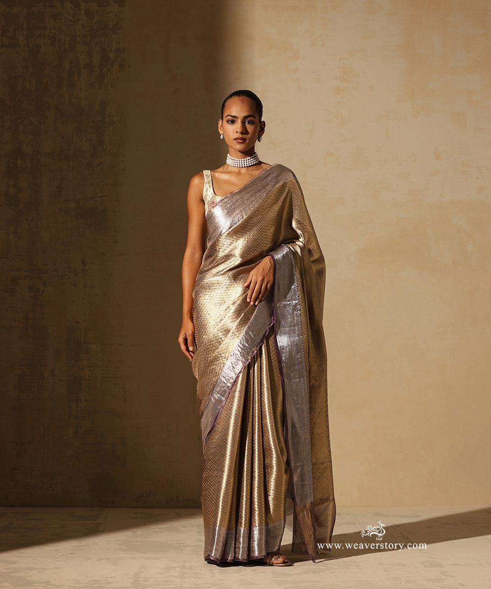 Gold Handloom Pure Silk Tissue Tanchoi Banarasi Saree With Purple Selvedge
