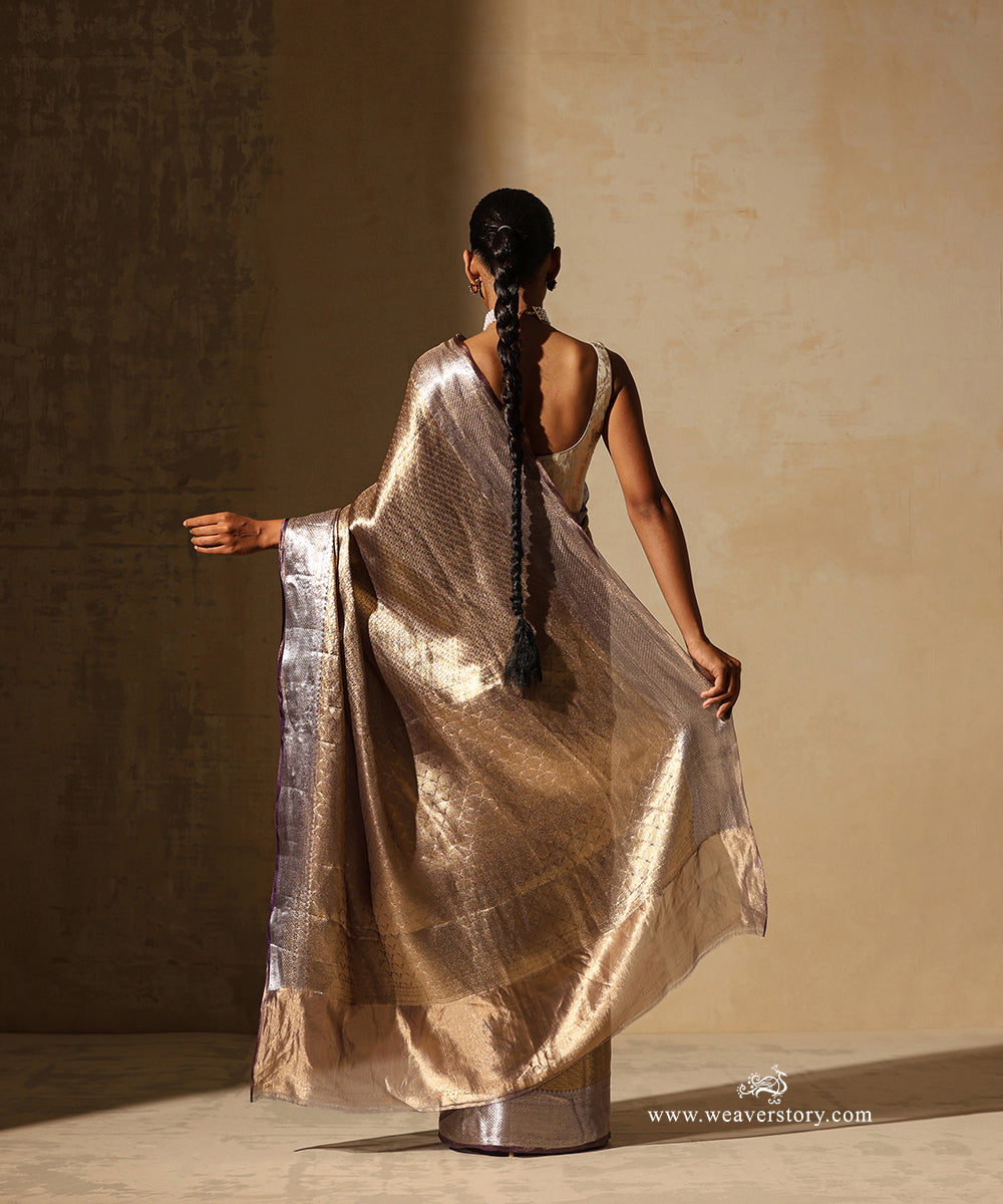 Gold Handloom Pure Silk Tissue Tanchoi Banarasi Saree With Purple Selvedge