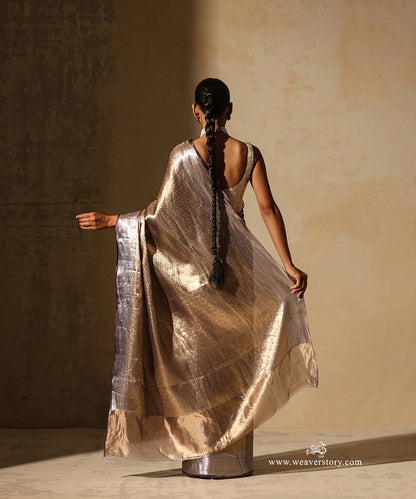Gold Handloom Pure Silk Tissue Tanchoi Banarasi Saree With Purple Selvedge