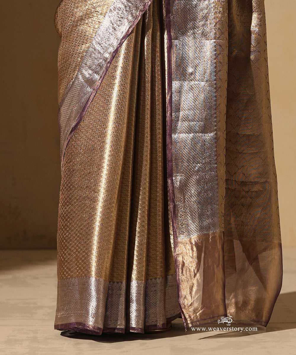 Gold Handloom Pure Silk Tissue Tanchoi Banarasi Saree With Purple Selvedge