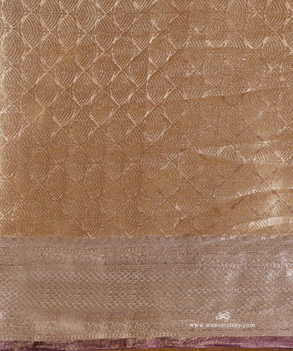 Gold Handloom Pure Silk Tissue Tanchoi Banarasi Saree With Purple Selvedge