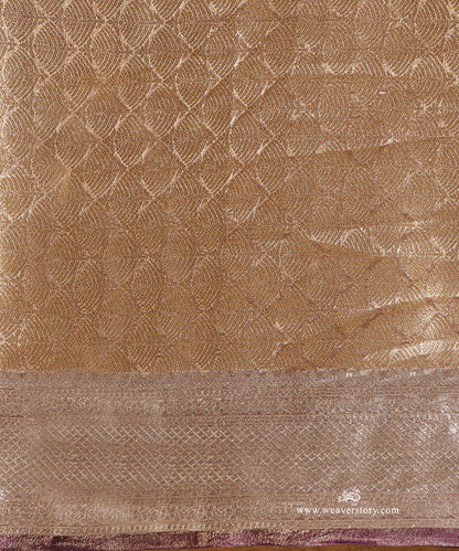 Gold Handloom Pure Silk Tissue Tanchoi Banarasi Saree With Purple Selvedge