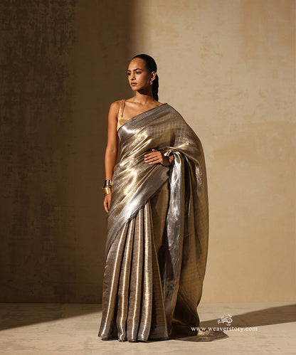 Gold Handloom Pure Silk Tissue Tanchoi Banarasi Saree With Silver Border Selvedge