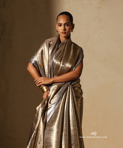 Gold Handloom Pure Silk Tissue Tanchoi Banarasi Saree With Silver Border Selvedge