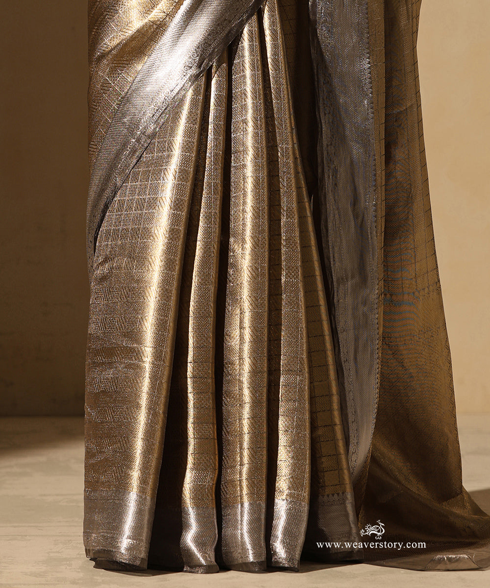 Gold Handloom Pure Silk Tissue Tanchoi Banarasi Saree With Silver Border Selvedge