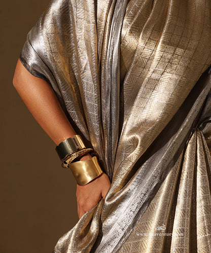 Gold Handloom Pure Silk Tissue Tanchoi Banarasi Saree With Silver Border Selvedge