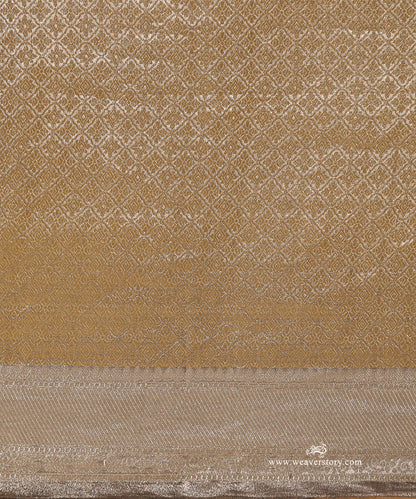 Gold Handloom Pure Silk Tissue Tanchoi Banarasi Saree With Silver Border Selvedge