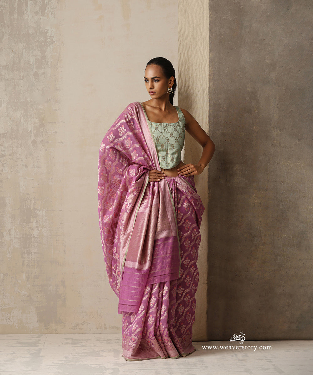 Mauve Handloom Pure Kora Cotton Banarasi Saree With Allover Meena Floral Jaal