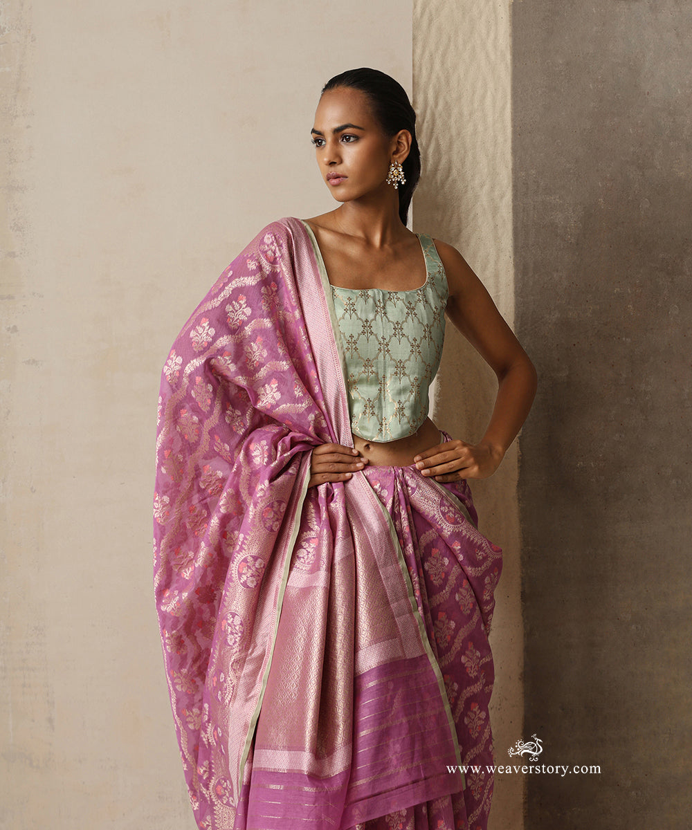 Mauve Handloom Pure Kora Cotton Banarasi Saree With Allover Meena Floral Jaal