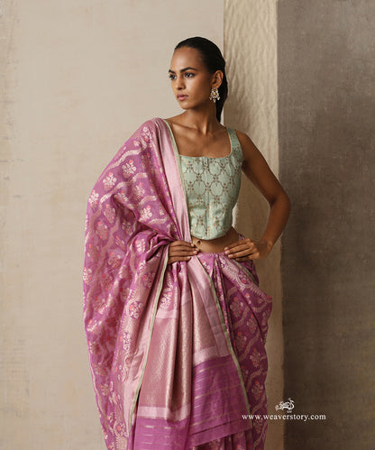 Mauve Handloom Pure Kora Cotton Banarasi Saree With Allover Meena Floral Jaal