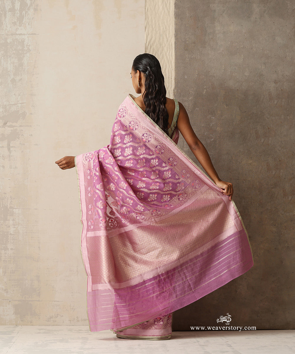 Mauve Handloom Pure Kora Cotton Banarasi Saree With Allover Meena Floral Jaal