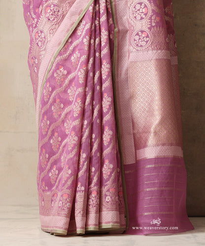 Mauve Handloom Pure Kora Cotton Banarasi Saree With Allover Meena Floral Jaal