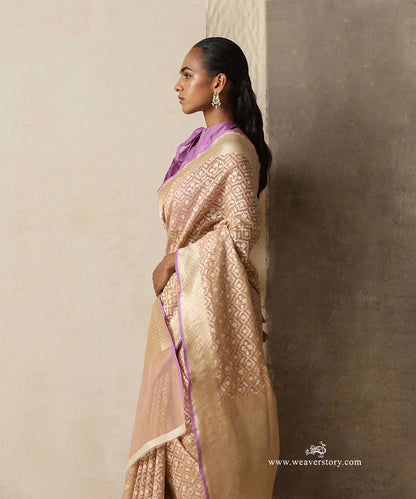 Beige Handloom Pure Kora Cotton Kadhwa Banarasi Saree With Purple Selvedge