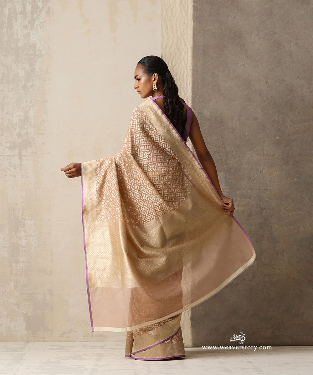 Beige Handloom Pure Kora Cotton Kadhwa Banarasi Saree With Purple Selvedge