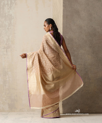 Beige Handloom Pure Kora Cotton Kadhwa Banarasi Saree With Purple Selvedge