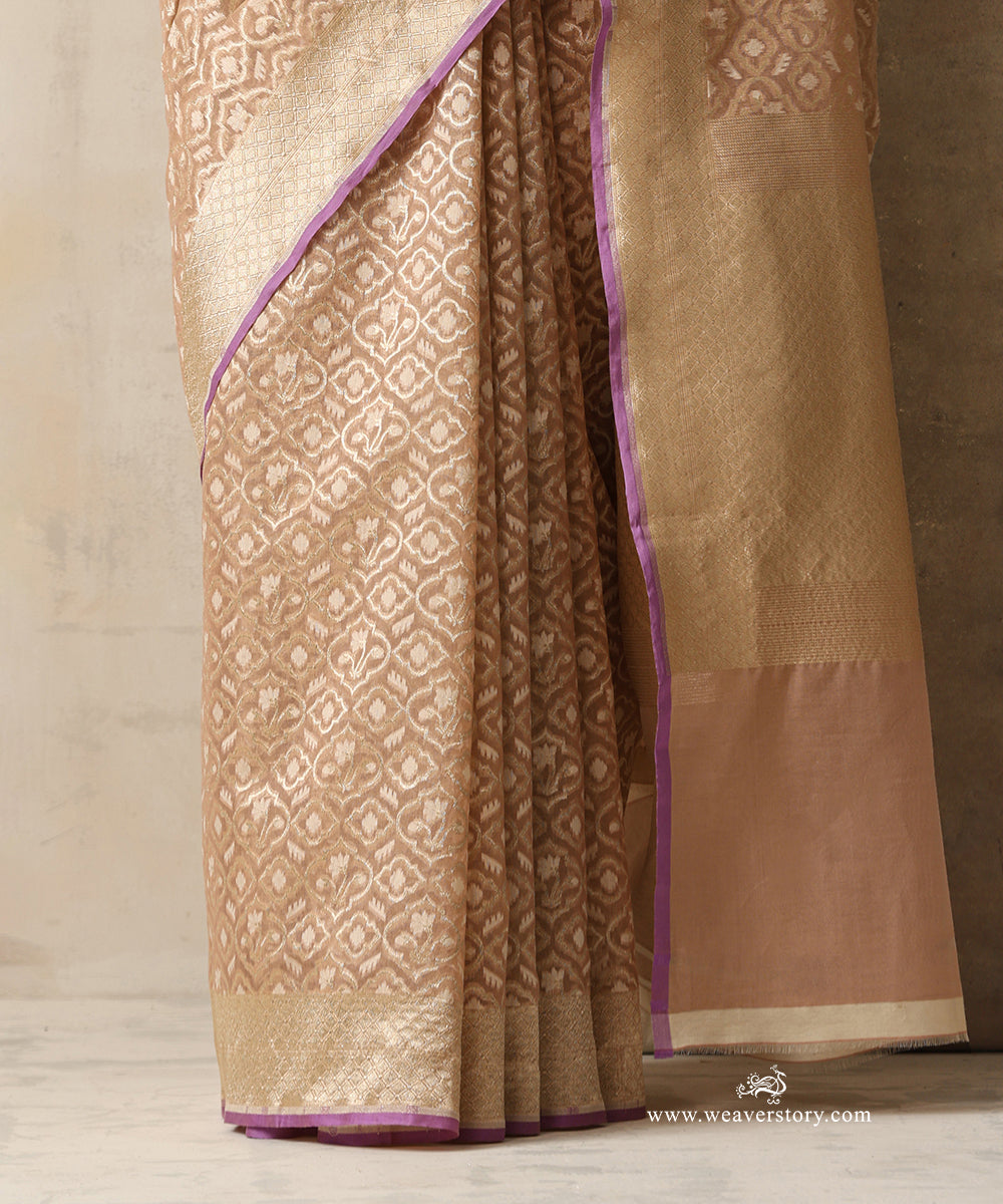 Beige Handloom Pure Kora Cotton Kadhwa Banarasi Saree With Purple Selvedge