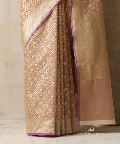 Beige Handloom Pure Kora Cotton Kadhwa Banarasi Saree With Purple Selvedge