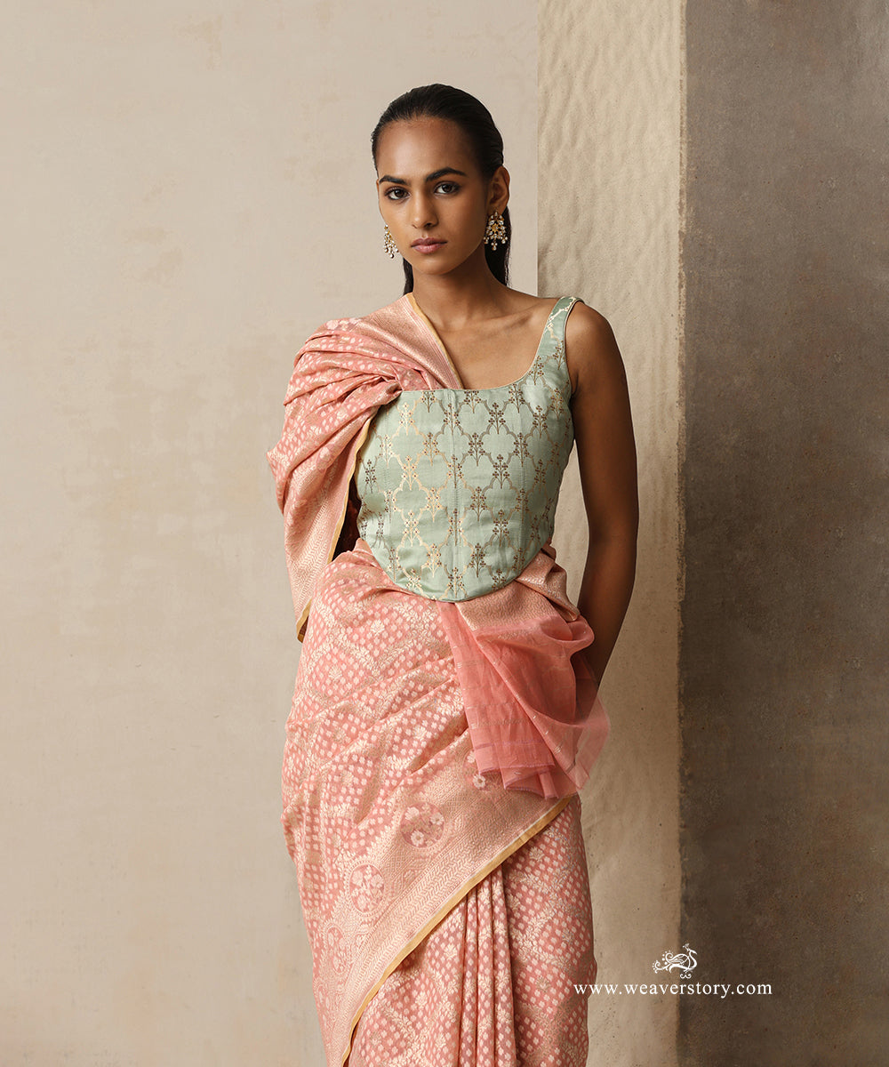 Soft Pink Handloom Pure Kora Cotton Kadhwa Banarasi Saree With Peach Selvedge